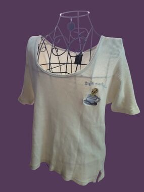 Warner Bros. Cream Short-Sleeve Waffle Knit Top with Tweety Cup Embroidery